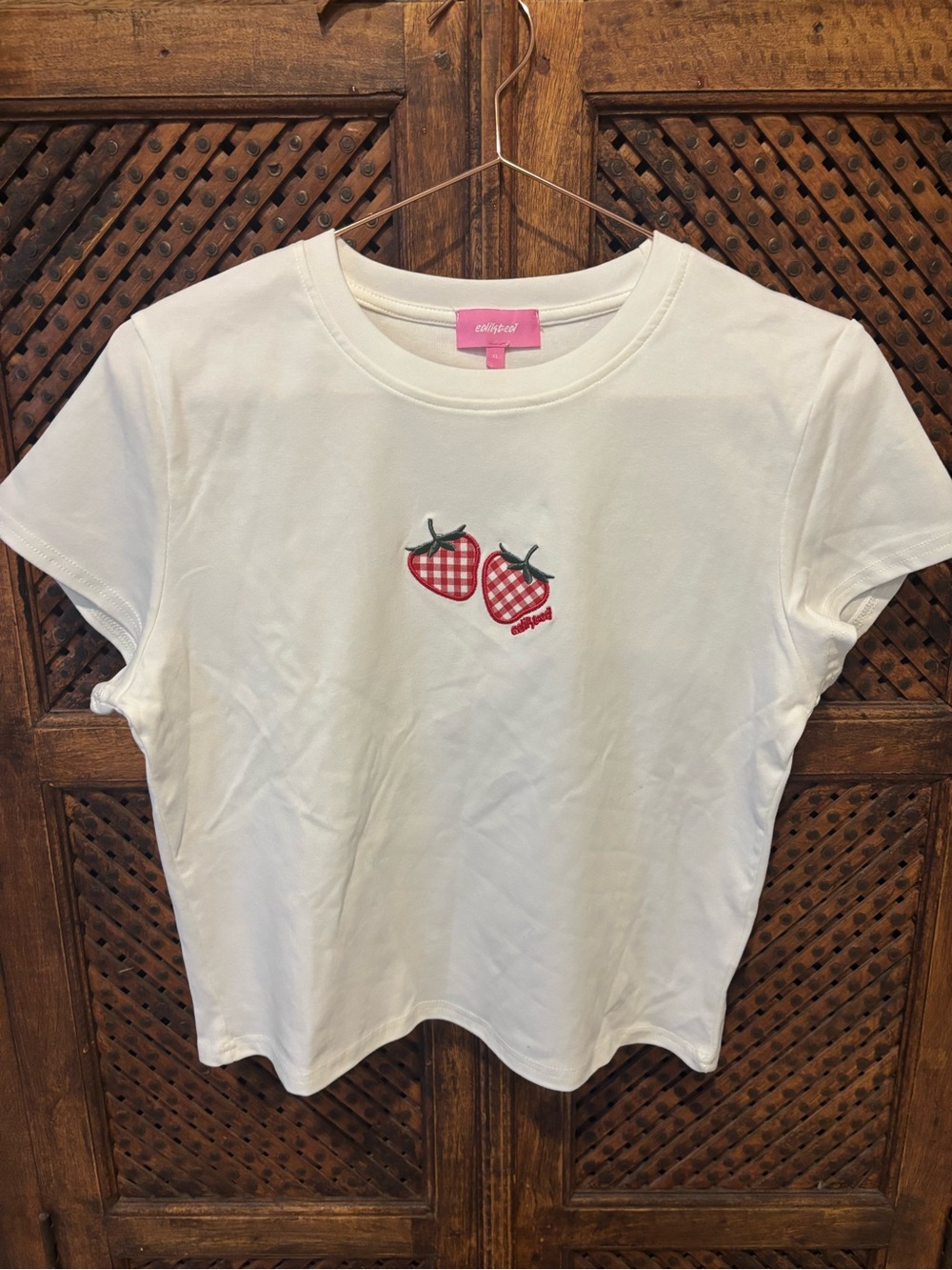 Edikted White Tee with Red Gingham Strawberry Motif